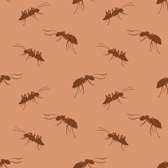 Ants seamless pattern. Brown hand drawn insects on beige background. Vector illustration.