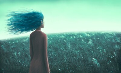 Painting artwork , Alone loneliness hope dream and freedom concept, lonely young woman in grass field, dramatic illustration, solitude nature landscape, art - obrazy, fototapety, plakaty