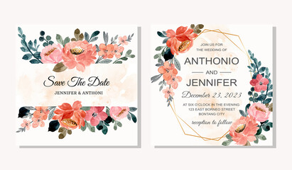 Wedding invitation card with floral watercolor and golden frame