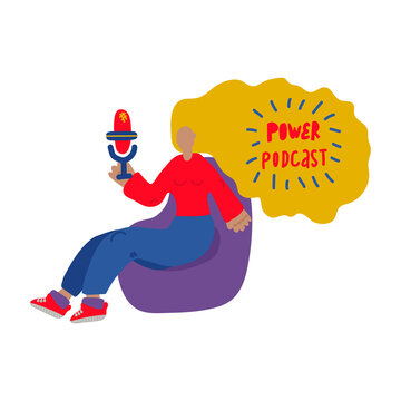 recommend clip art: Radio host with a flat vector illustration of a table. Media hosting Doodle drawing. Female podcaster, girl holding a sign microphone with the inscription of the podcast, broadcaster in the workplace