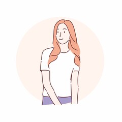 Happy cheerful pretty woman. Hand drawn character style vector.