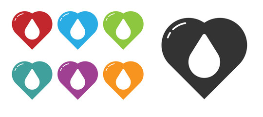 Black Heart with water drop icon isolated on white background. Set icons colorful. Vector Illustration.