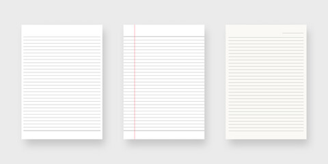Notebook paper set. Sheet of lined paper template. Mockup isolated. Template design. Realistic vector illustration.