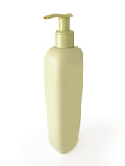 Lateral view of cosmetic plastic container with manual dispenser isolated on white background. Cyclindrical travel toilet bottle. Packaging for perfumery and cosmetics.