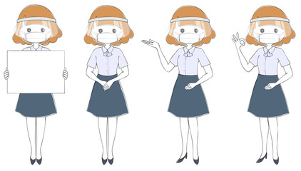 マスクとフェイスシールドをつけてポーズをとる案内スタッフのセット