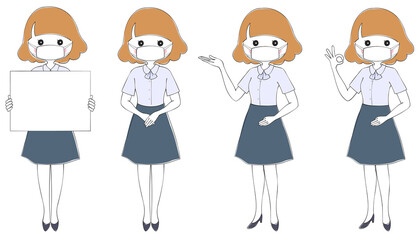 マスクをつけてポーズをとる案内スタッフのセット