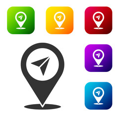 Black Map pin icon isolated on white background. Navigation, pointer, location, map, gps, direction, place, compass, search concept. Set icons in color square buttons. Vector Illustration.