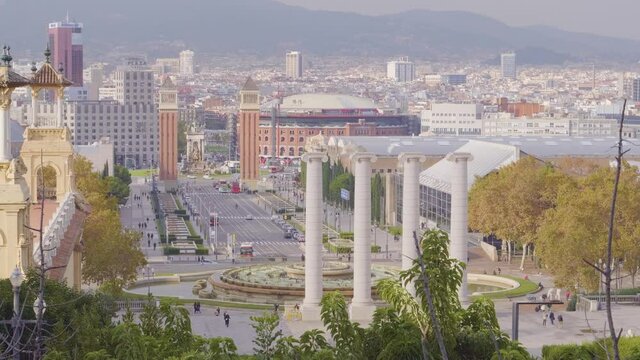 A top view of The city with The Venetian Towers and Magic Fountains on Avinguda de la Reina Maria Cristina at its junction with Pla&ccedil;a d'Espanya in Barcelona, Catalonia, Spain.