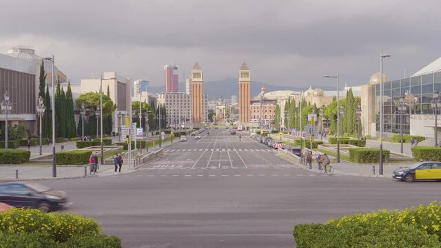 A view of The Venetian Towers with the highway on Avinguda de la Reina Maria Cristina at its junction with Pla&ccedil;a d'Espanya in Barcelona, Catalonia, Spain.