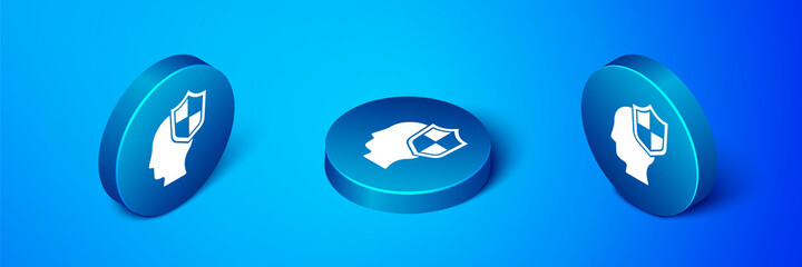 Isometric Human head with shield icon isolated on blue background. Blue circle button. Vector.