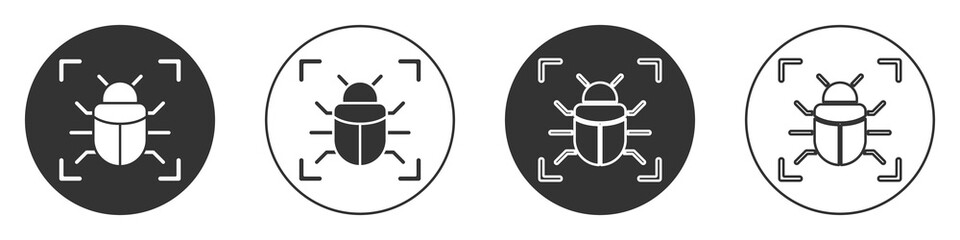 Fototapeta na wymiar Black System bug concept icon isolated on white background. Code bug concept. Bug in the system. Bug searching. Circle button. Vector.