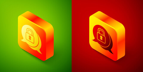 Isometric Cyber security icon isolated on green and red background. Closed padlock on digital circuit board. Safety concept. Digital data protection. Square button. Vector.