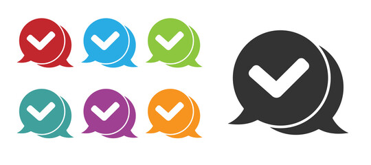 Black Check mark in speech bubble icon isolated on white background. Security, safety, protection, privacy concept. Tick mark approved. Set icons colorful. Vector.