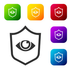 Black Shield and eye icon isolated on white background. Security, safety, protection, privacy concept. Set icons in color square buttons. Vector.