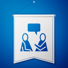 Blue Two sitting men talking icon isolated on blue background. Speech bubble chat. Message icon. Communication or comment chat symbol. White pennant template. Vector.