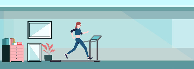 Home exercise Running machine. Vector flat concept with woman sitting at home .Vector flat illustration concept