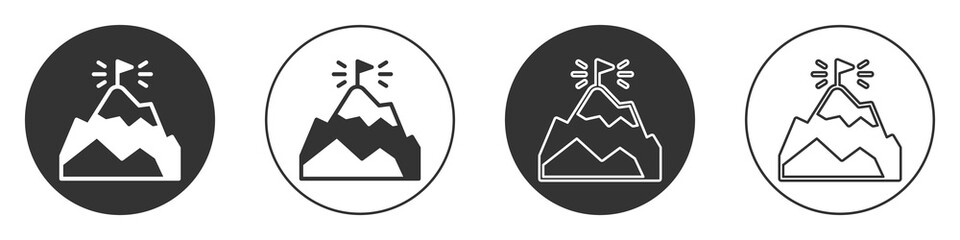 Black Mountains with flag on top icon isolated on white background. Symbol of victory or success concept. Goal achievement. Circle button. Vector.