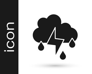 Fototapeta na wymiar Black Cloud with rain and lightning icon isolated on white background. Rain cloud precipitation with rain drops.Weather icon of storm. Vector.