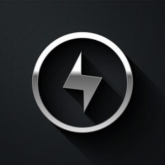 Silver Lightning bolt icon isolated on black background. Flash sign. Charge flash icon. Thunder bolt. Lighting strike. Long shadow style. Vector.