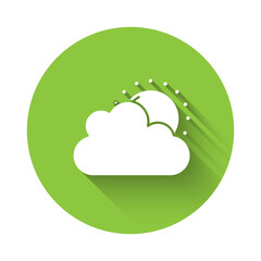 White Sun and cloud weather icon isolated with long shadow. Green circle button. Vector.