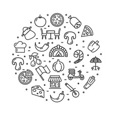 Pizzeria Round Design Template Black Thin Line Icon Banner. Vector