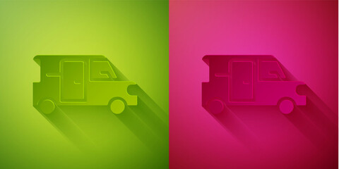 Paper cut Minibus icon isolated on green and pink background. Paper art style. Vector.