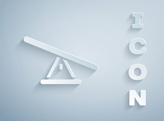 Paper cut Seesaw icon isolated on grey background. Teeter equal board. Playground symbol. Paper art style. Vector.