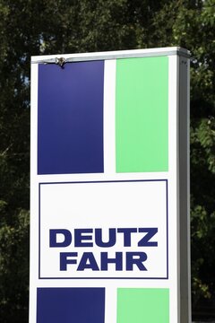 Morke, Denmark - August 6, 2020: Deutz Fahr logo on a panel. Deutz-Fahr is a brand of tractors and other farm equipment