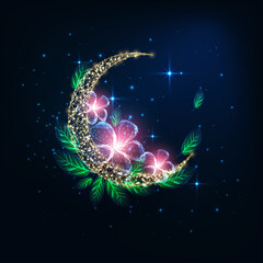 Futuristic glowing low polygonal golden crescent moon decorated with pink flowers and green leaves © Inna