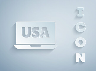 Paper cut USA United states of america on laptop icon isolated on grey background. Paper art style. Vector.