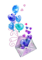 Watercolor drawing balloons and envelope. Template for birthday cards, baby birth, invitations.
