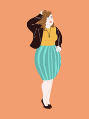 Character of curvy beautiful confident woman. Happy overweight woman in a skirt and a jacket with heels. Illustration in flat style with a large girl. For design on the theme of love for your body.