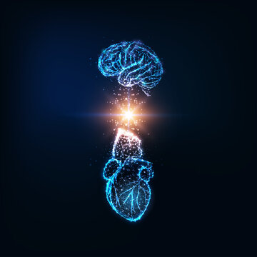Futuristic emotional intelligence concept with glowing low polygonal human brain and heart