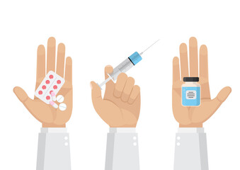 Doctor holds in hands pills and capsules and syringe.,vector eps10