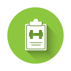White Sport training program or fitness plan icon isolated with long shadow. Green circle button. Vector.
