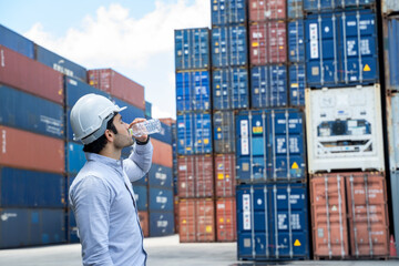 Businessman drink water from bottle and stay in cargo shipping workplace area,Industry of logistics...