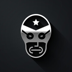 Silver Mexican wrestler icon isolated on black background. Long shadow style. Vector.