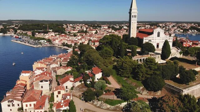 Aerial View of Hilltop Above Rovinj City, Croatia With St Euphemia Church, Drone Shot