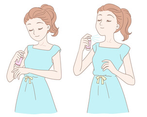 The woman sprayed liquid on her body, showing two different patterns, on the back of the hand and the neck