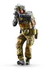 Army soldier in Protective Combat Uniform holding Special Operations Forces Combat Assault Rifle...