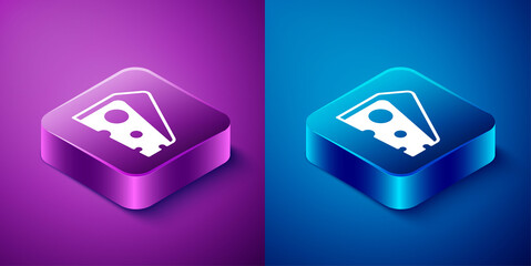 Isometric Cheese icon isolated on blue and purple background. Square button. Vector.