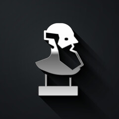 Silver Ancient bust sculpture icon isolated on black background. Long shadow style. Vector.