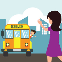 kids with uniform going to school riding yellow school bus in cartoon character. vector illustration
