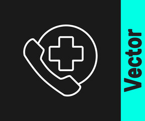 White line Emergency phone call to hospital icon isolated on black background. Vector Illustration.