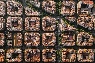  Aerial view of typical buildings of Barcelona cityscape from helicopter. top view, Eixample residencial famous urban grid © ikuday
