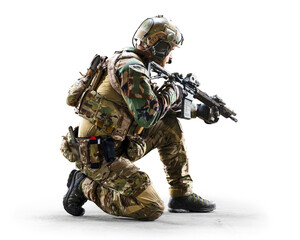 Army soldier in Protective Combat Uniform holding Special Operations Forces Combat Assault Rifle isolated on white background