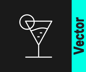 White line Martini glass icon isolated on black background. Cocktail icon. Wine glass icon. Vector Illustration.