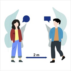 Social distancing. Woman and men keep distance in flat cartoon style. Protection from COVID-19 coronavirus illustration