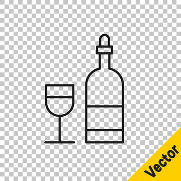 Black line Wine bottle with glass icon isolated on transparent background. Vector Illustration.