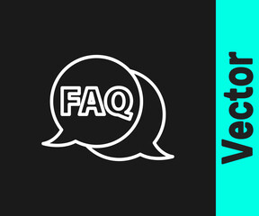 White line Speech bubble with text FAQ information icon isolated on black background. Circle button with text FAQ. Vector Illustration.